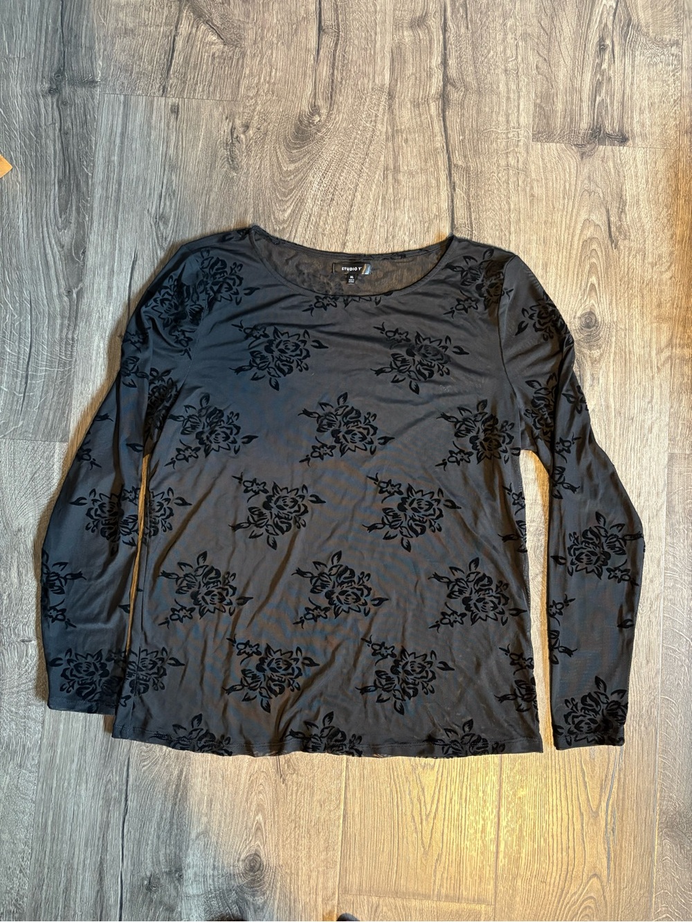 Studio Y Black Floral Burnout Sheer Long-Sleeve Top